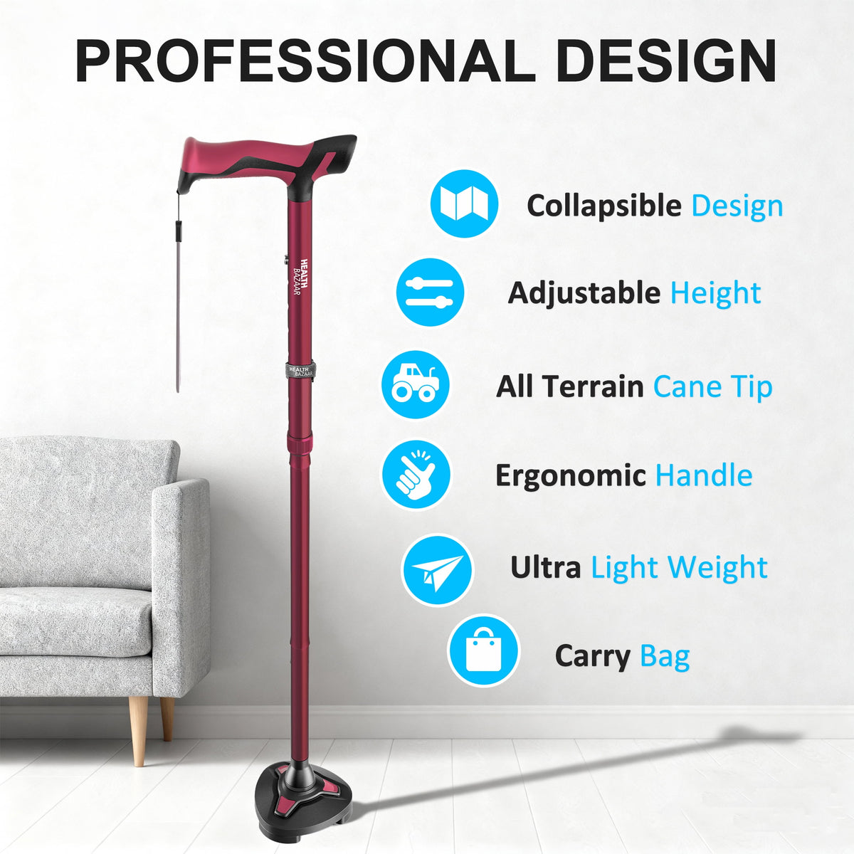Healthbazaar Folding Walking Cane,Adjustable Self-Standing Tripod Cane for Seniors,Red