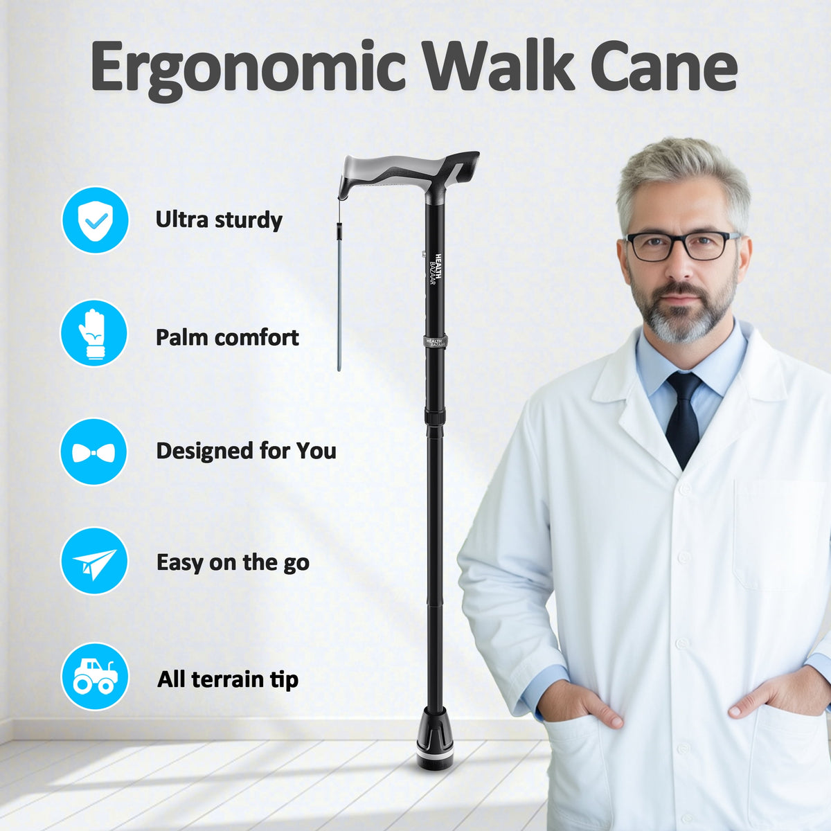 Healthbazaar Folding Walking Cane for Seniors, Collapsible Ergonomic Handle,Black