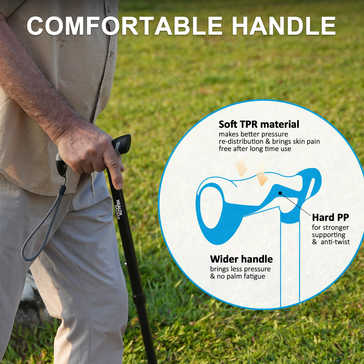 Healthbazaar Foldable Adjustable All-Terrain Walking Cane for Men & Women, Black