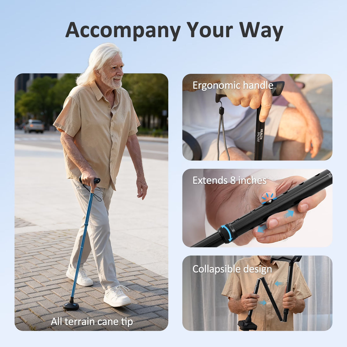 Healthbazaar LED Walking Cane,Self-Standing Folding Cane for Seniors