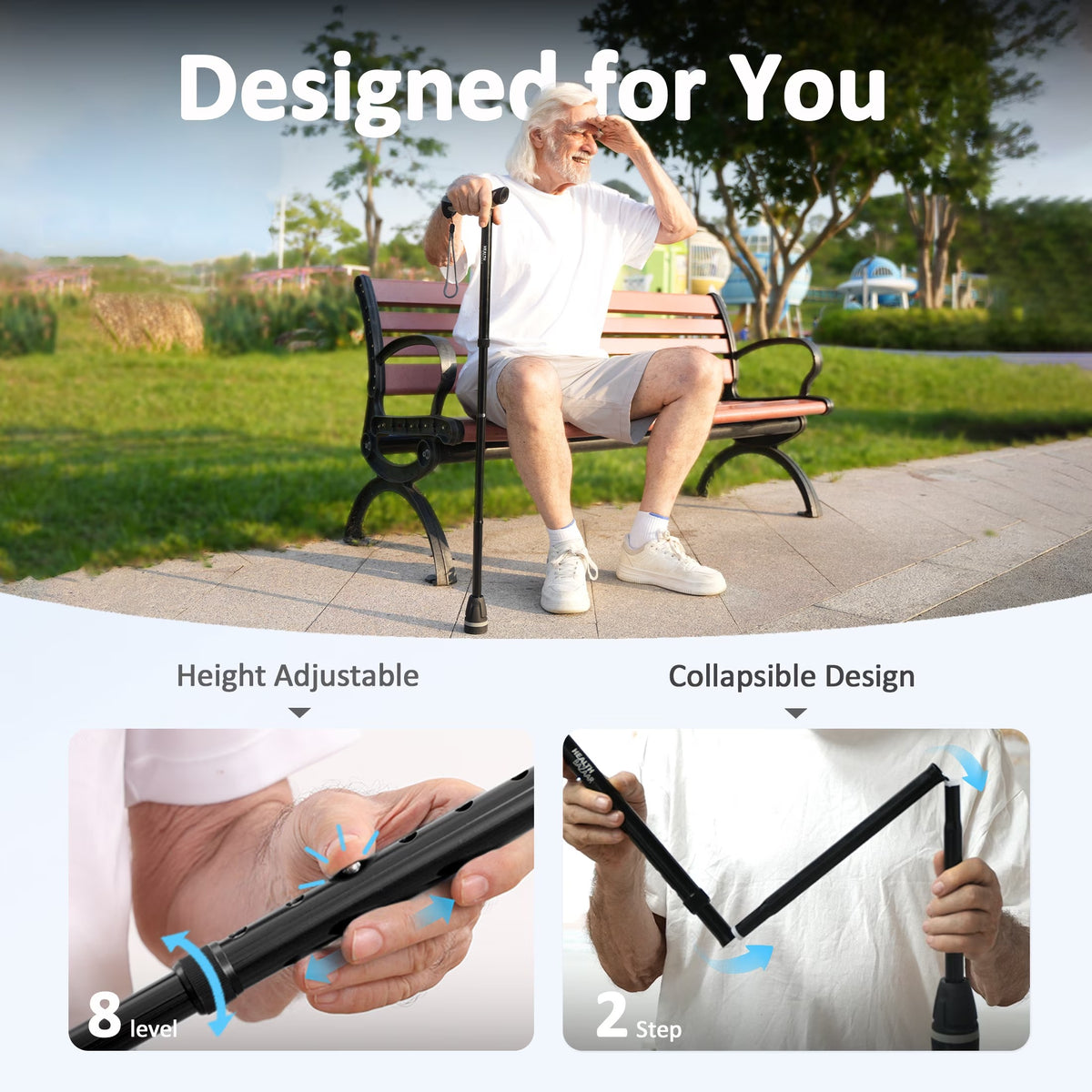 Healthbazaar Folding Walking Cane for Seniors, Collapsible Ergonomic Handle,Black