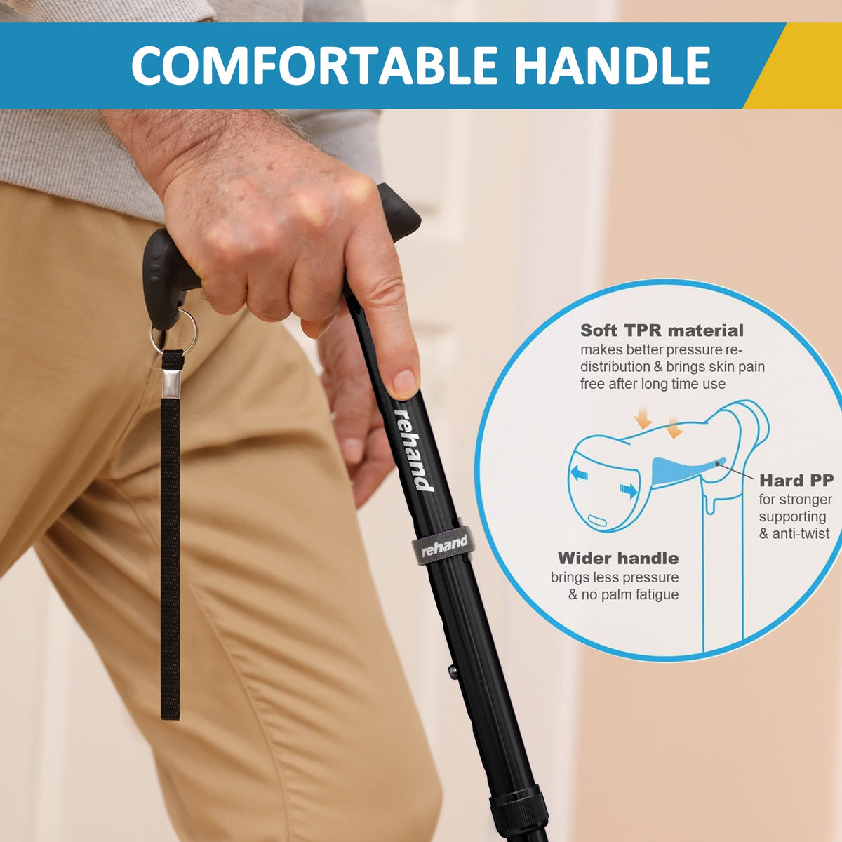 Rehand Adjustable Folding Walking Cane with T-Grip, Lightweight and Collapsible, Black