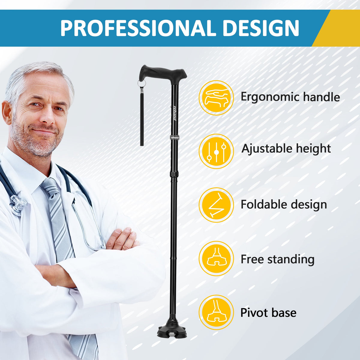 Rehand Adjustable Folding Walking Cane with T-Grip, Lightweight and Collapsible, Black