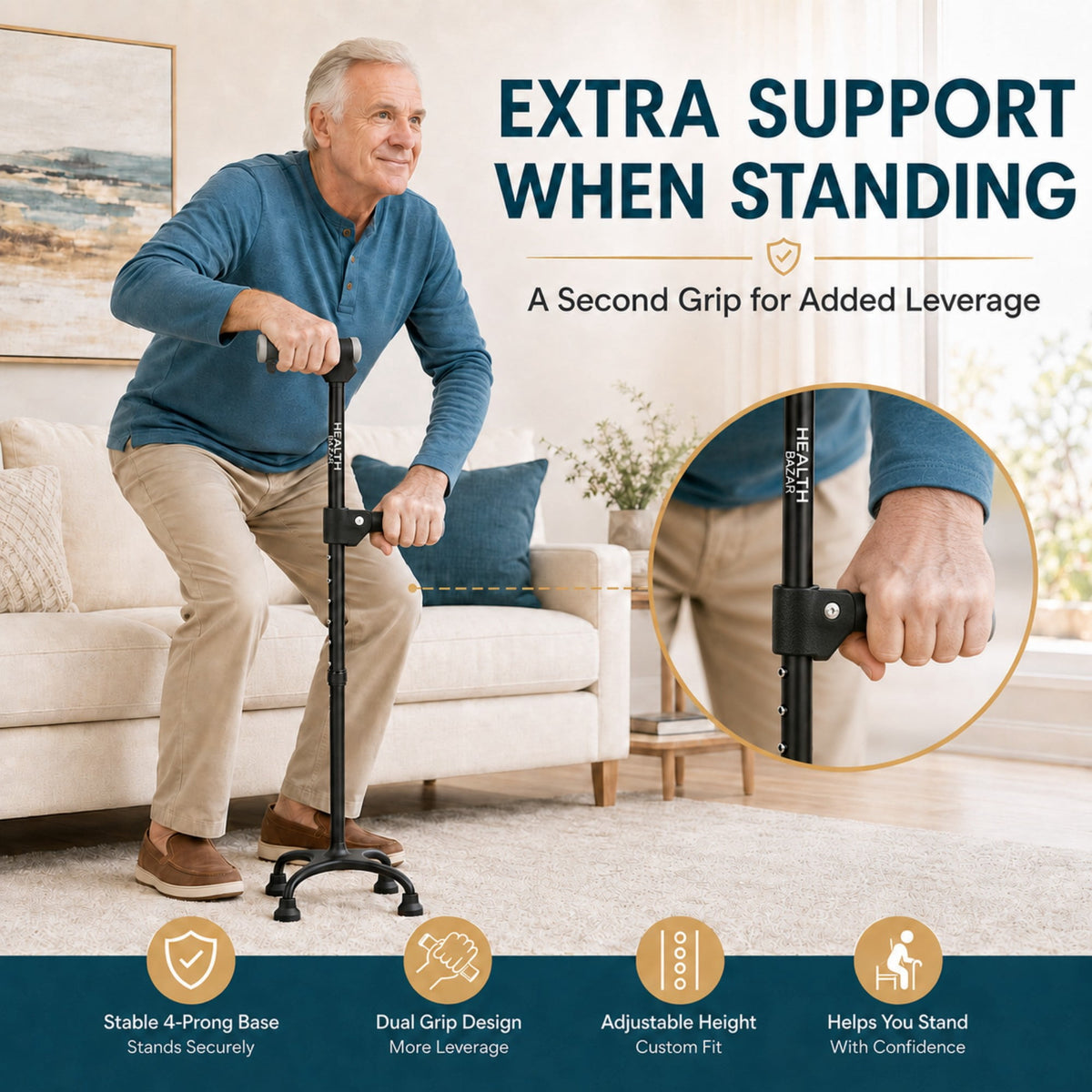 REHAND Walking Cane,Adjustable Lightweight Quad Canes for Women & Men,Black