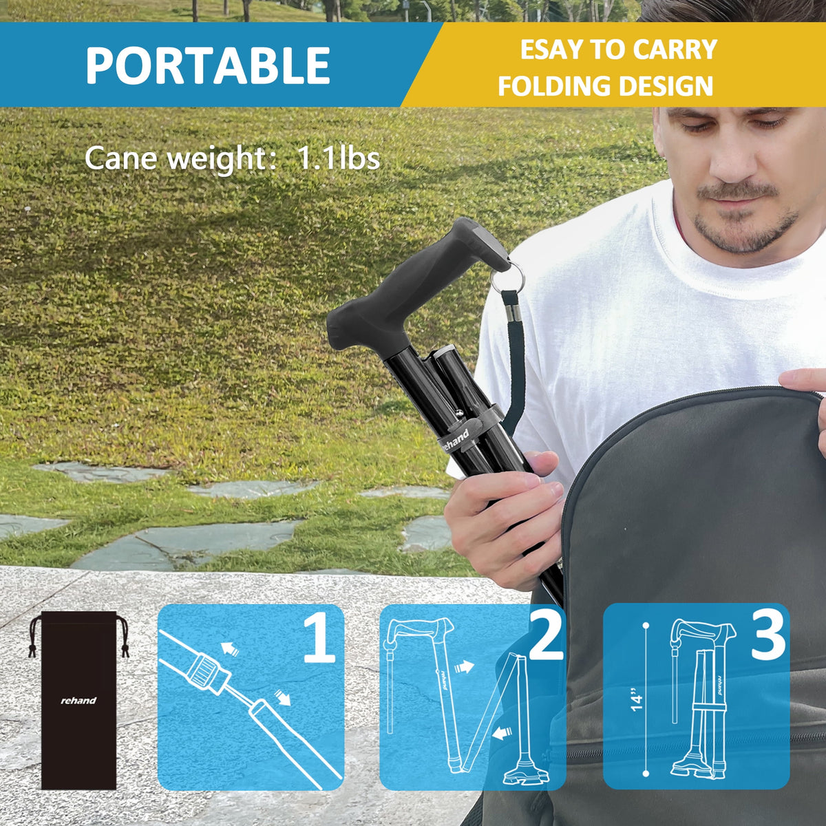 Rehand Adjustable Folding Walking Cane with T-Grip, Lightweight and Collapsible, Black