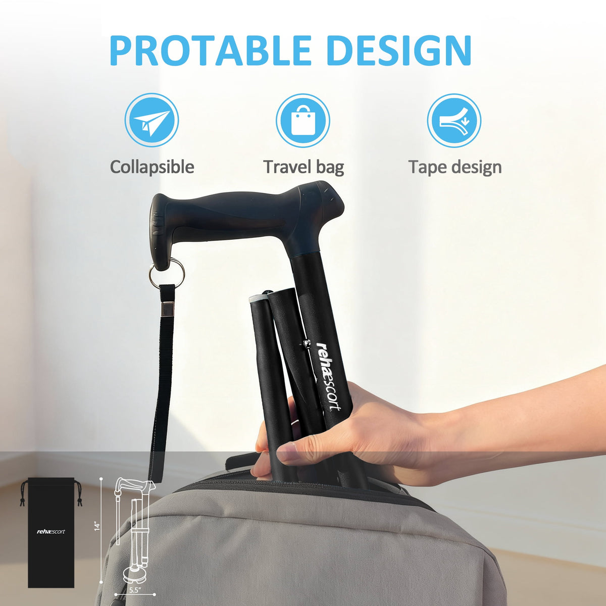 Rehaescort Folding Walking Cane for Women & Men,Adjustable,Lightweight,Ergonomic Grip