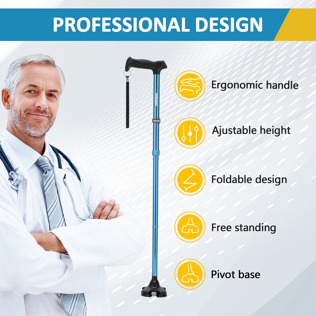 Rehand Adjustable Folding Walking Cane, Lightweight Walking Stick for Seniors & Adults, Heavy Duty, Blue