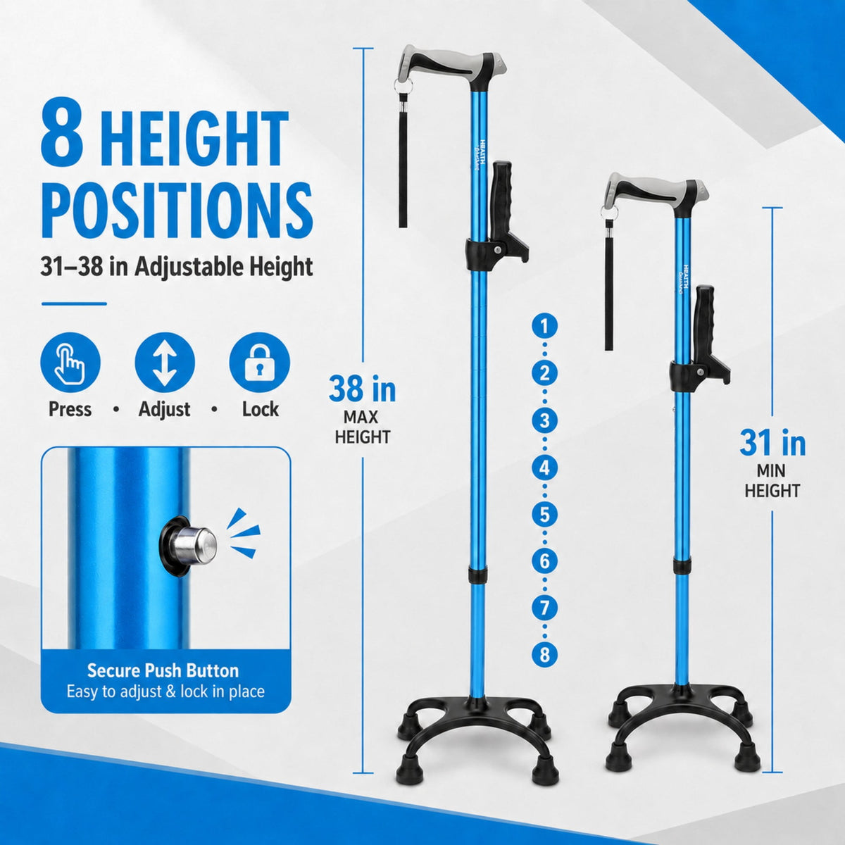 Healthbazaar Adjustable Lightweight Quad Cane for Women and Men, Blue