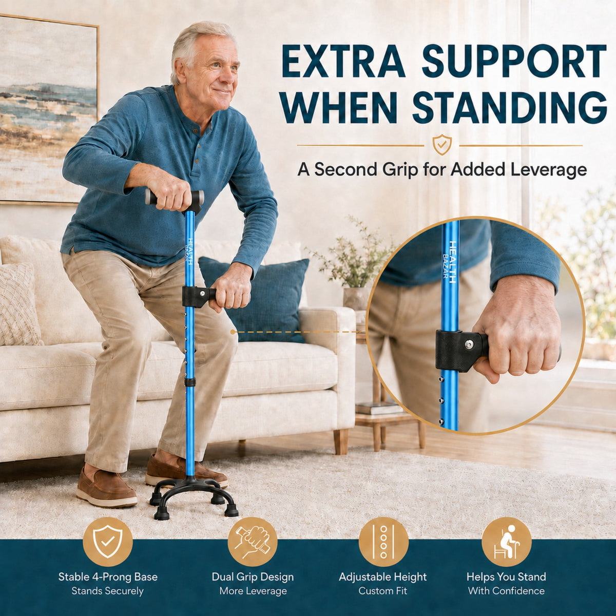 Healthbazaar Adjustable Lightweight Quad Cane for Women and Men, Blue