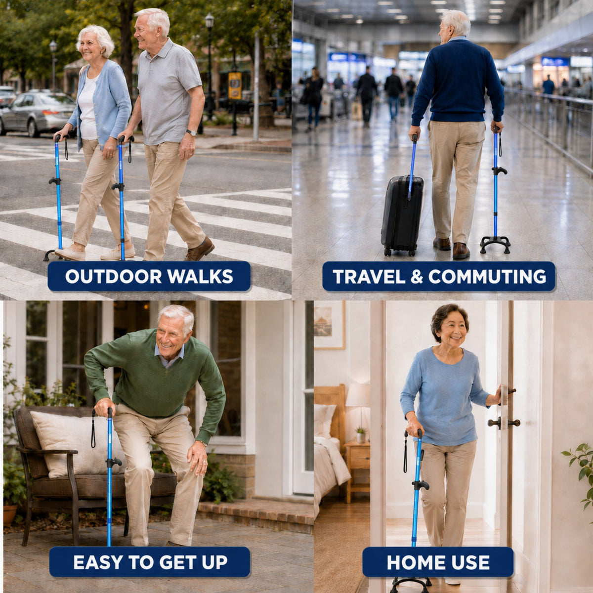 Healthbazaar Adjustable Lightweight Quad Cane for Women and Men, Blue