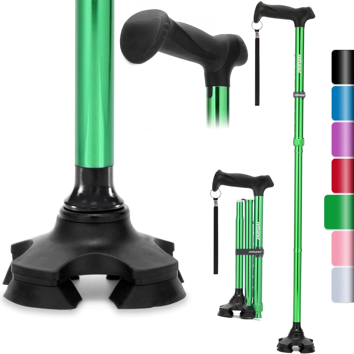 Rehand Foldable Adjustable Aluminum Walking Stick with T-Grip, Four Prongs, Collapsible, Green