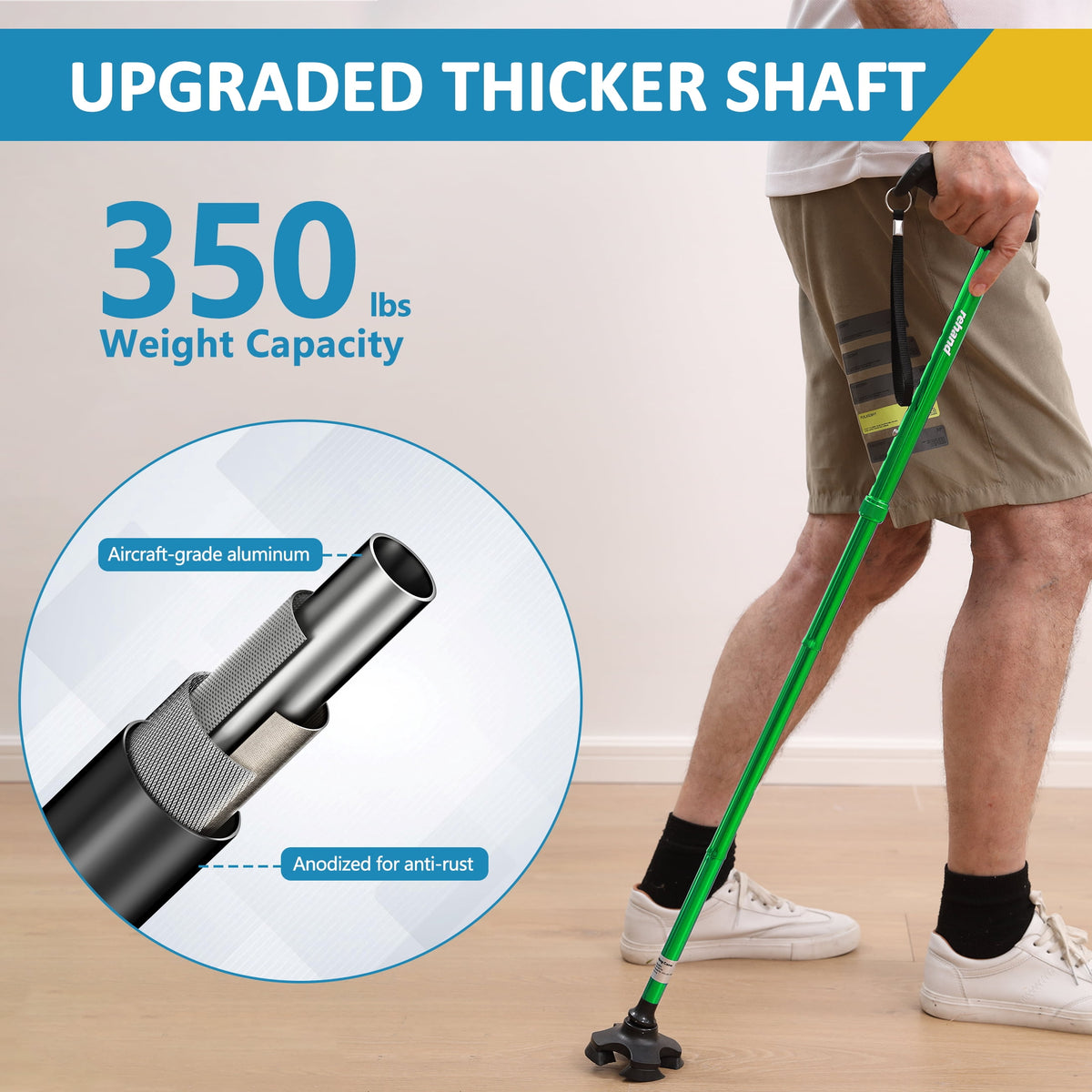 Rehand Foldable Adjustable Aluminum Walking Stick with T-Grip, Four Prongs, Collapsible, Green