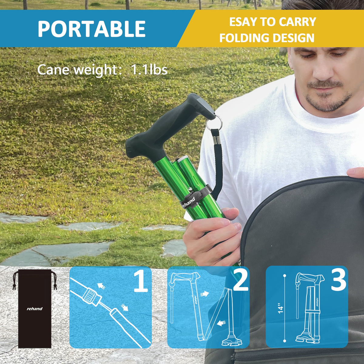 Rehand Foldable Adjustable Aluminum Walking Stick with T-Grip, Four Prongs, Collapsible, Green