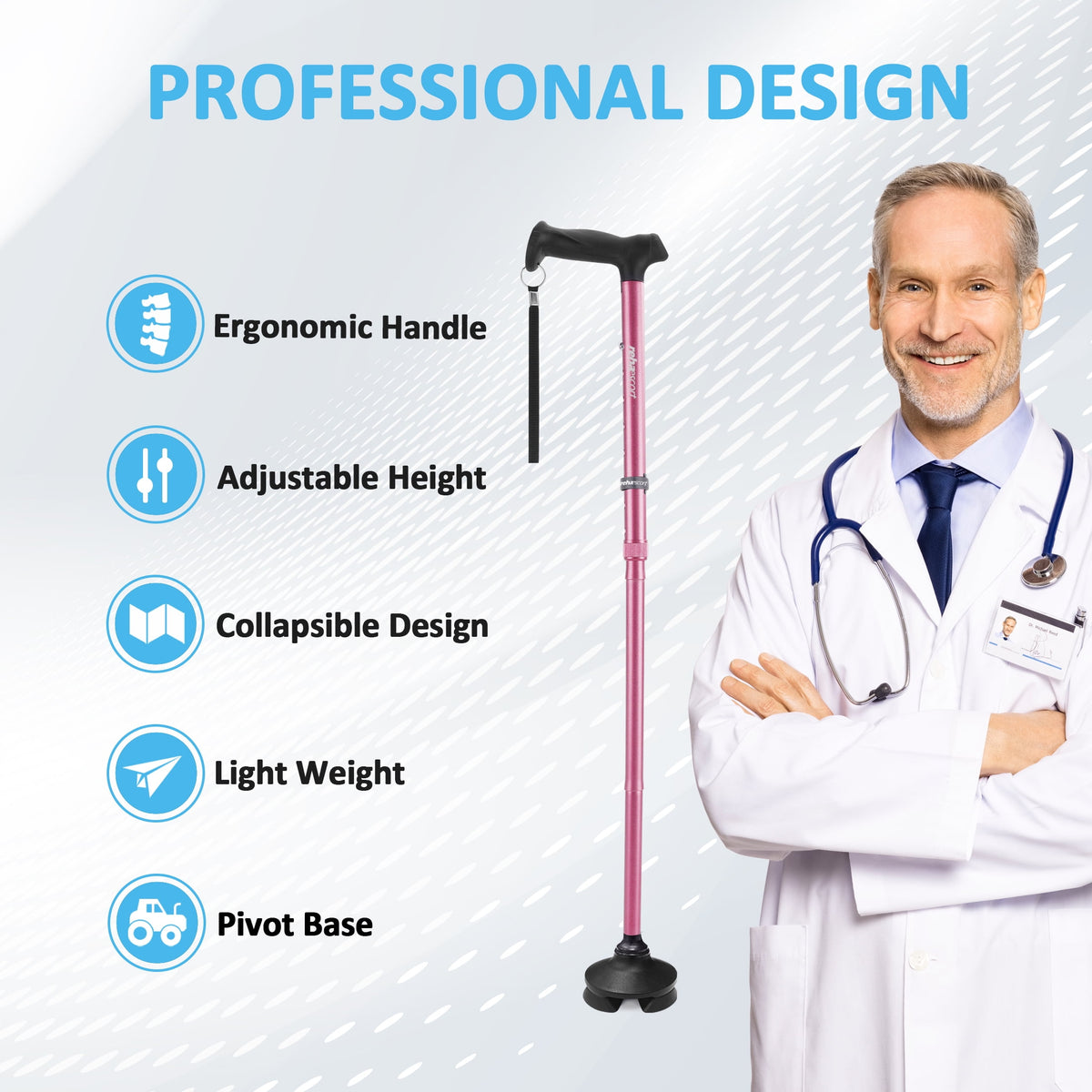 Rehaescort Walking Cane with Travel Bag for Aldult,Adjustable Walking Sticks,Hiking Sticks Lightweight Pivot Tip for Men and Women,Pink