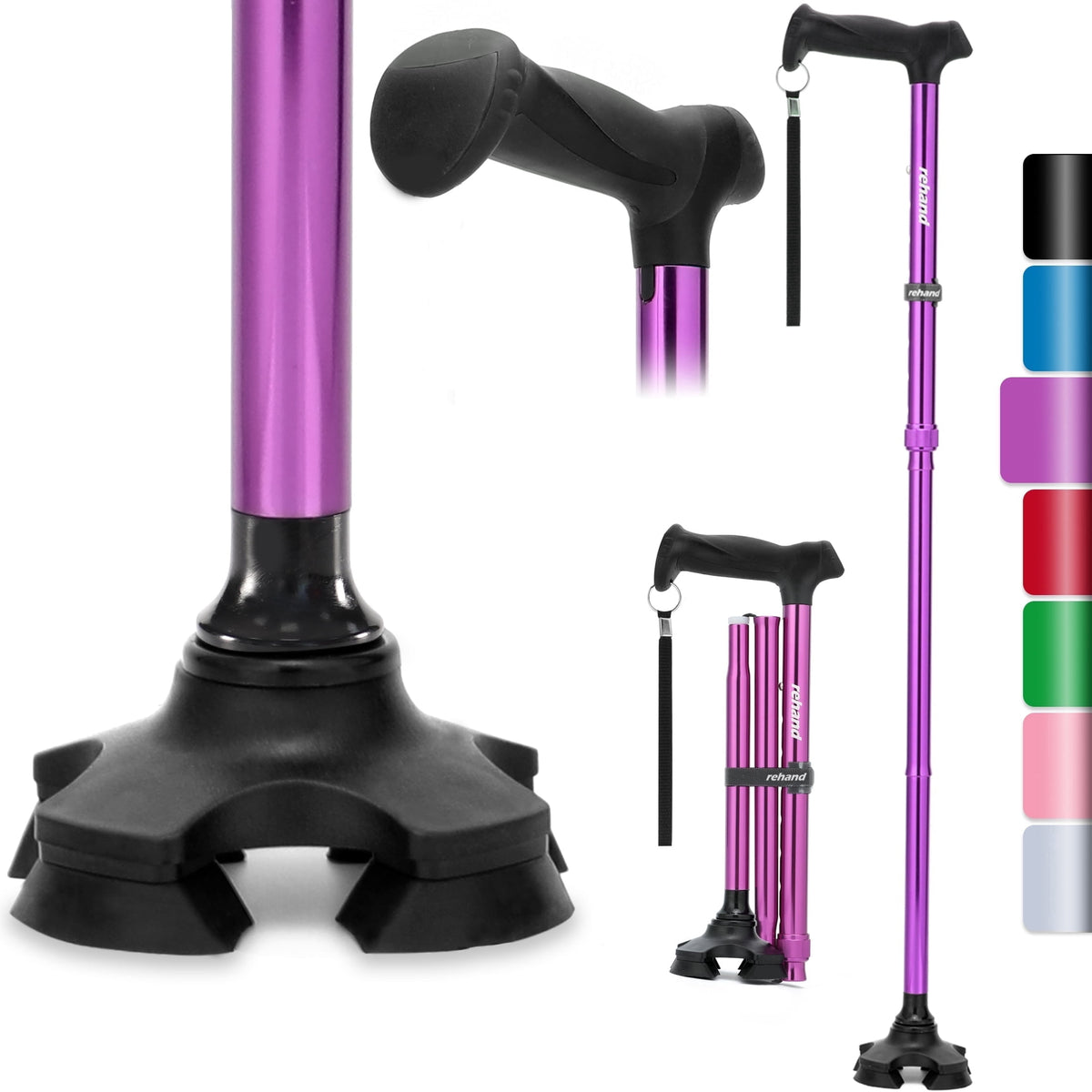 Rehand Folding Flex Cane Adjustable Rotating Quad Cane for Seniors and Adults with Bag, Purple