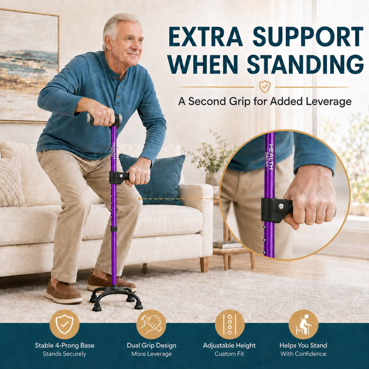 HEALTHBAZAAR Quad Cane Walking Cane for Women & Men for Balance Stability Adjustable Lightweight Walking Stick Purple