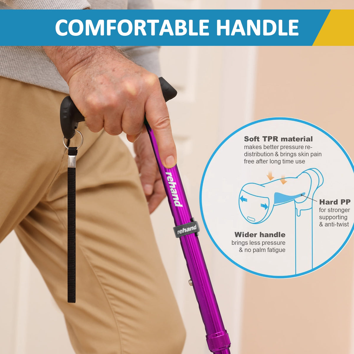 Rehand Folding Flex Cane Adjustable Rotating Quad Cane for Seniors and Adults with Bag, Purple