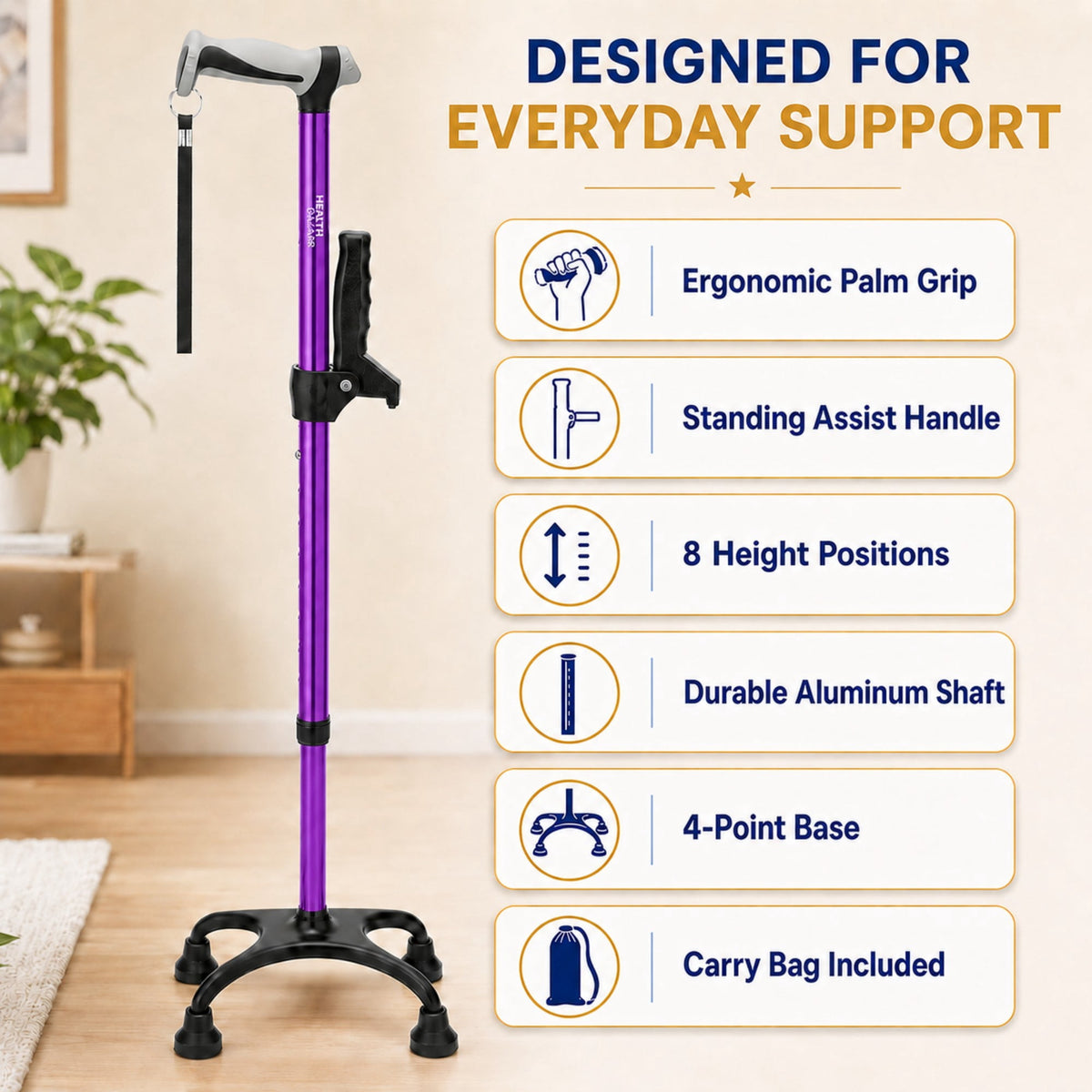 HEALTHBAZAAR Quad Cane Walking Cane for Women & Men for Balance Stability Adjustable Lightweight Walking Stick Purple