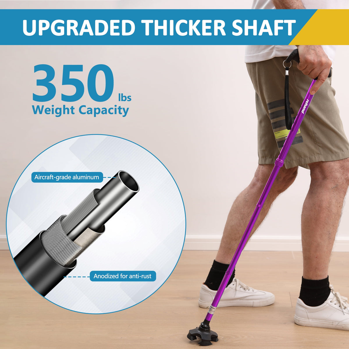 Rehand Folding Flex Cane Adjustable Rotating Quad Cane for Seniors and Adults with Bag, Purple
