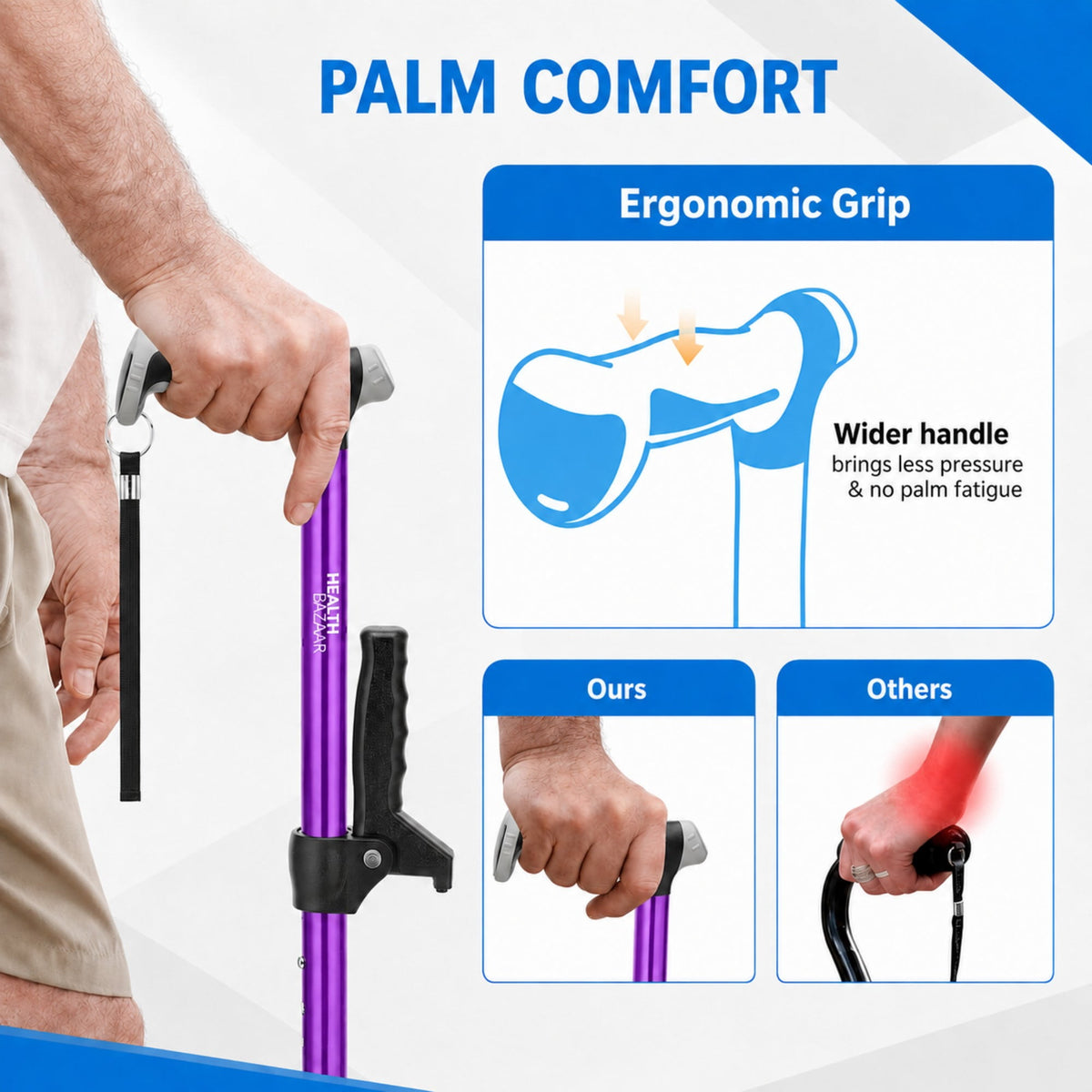 HEALTHBAZAAR Quad Cane Walking Cane for Women & Men for Balance Stability Adjustable Lightweight Walking Stick Purple
