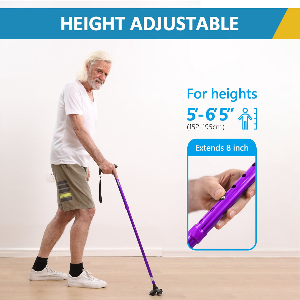 Rehand Folding Flex Cane Adjustable Rotating Quad Cane for Seniors and Adults with Bag, Purple