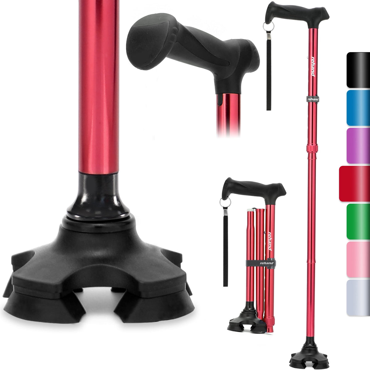 Rehand Adjustable Folding Walking Cane with Pivoting Tip, Lightweight Aluminum, Soft Handle Grip, Red