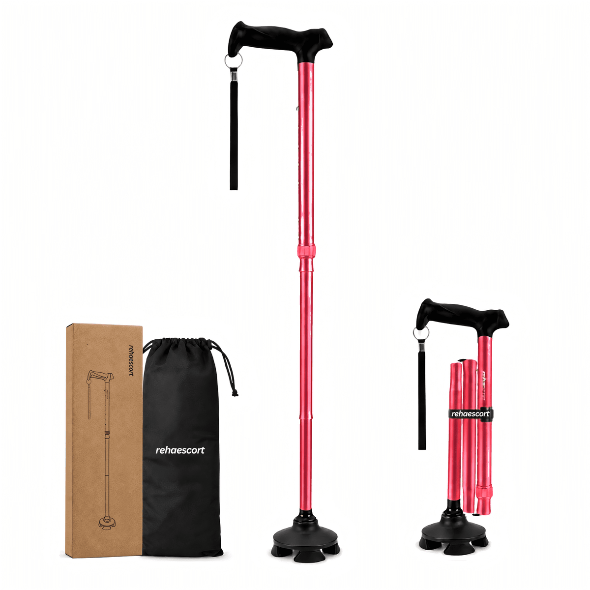 Rehaescort Adjustable Folding Walking Cane,Lightweight Heavy Duty Sticks Pivot Tip for Men and Women,Red