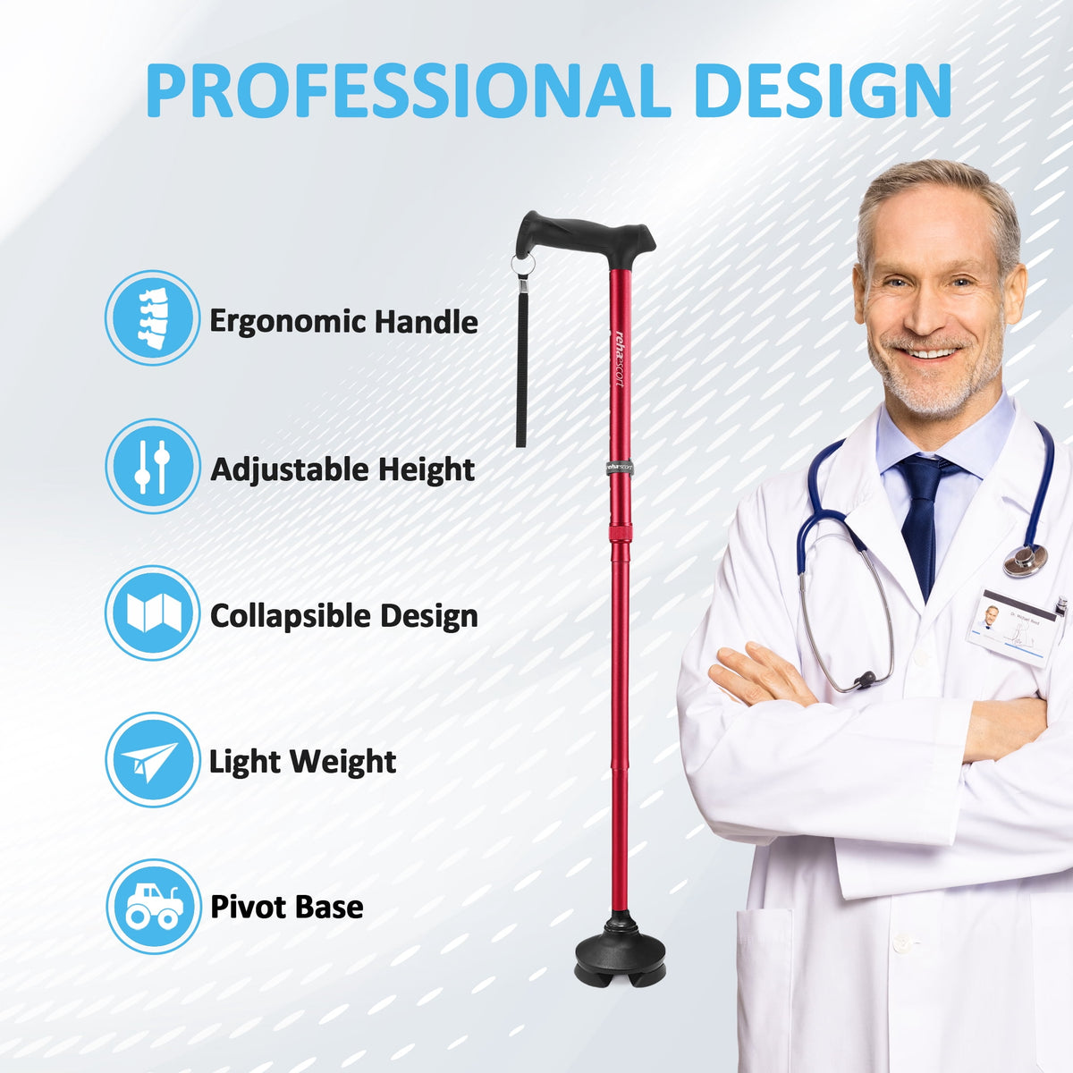 Rehaescort Adjustable Folding Walking Cane,Lightweight Heavy Duty Sticks Pivot Tip for Men and Women,Red
