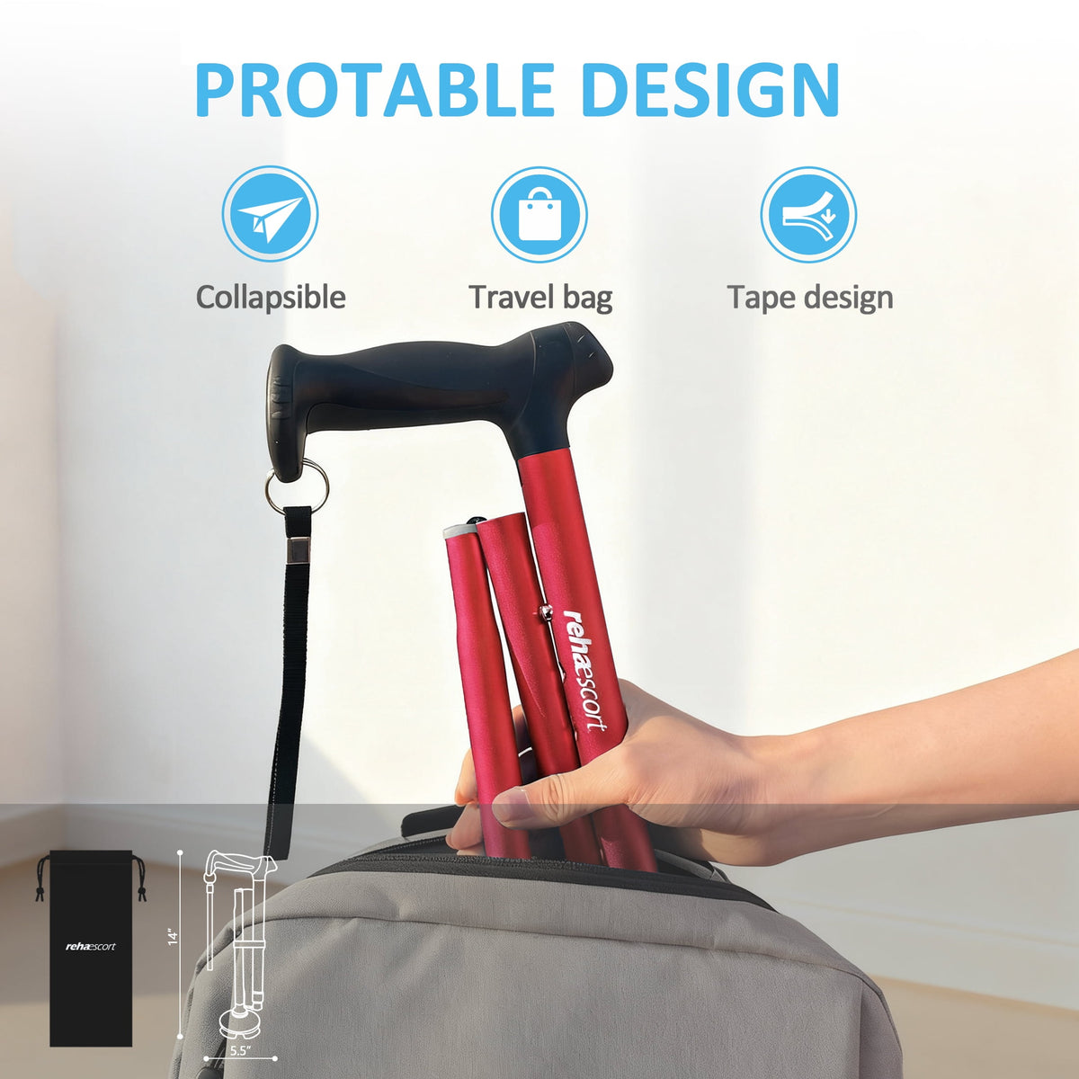 Rehaescort Adjustable Folding Walking Cane,Lightweight Heavy Duty Sticks Pivot Tip for Men and Women,Red