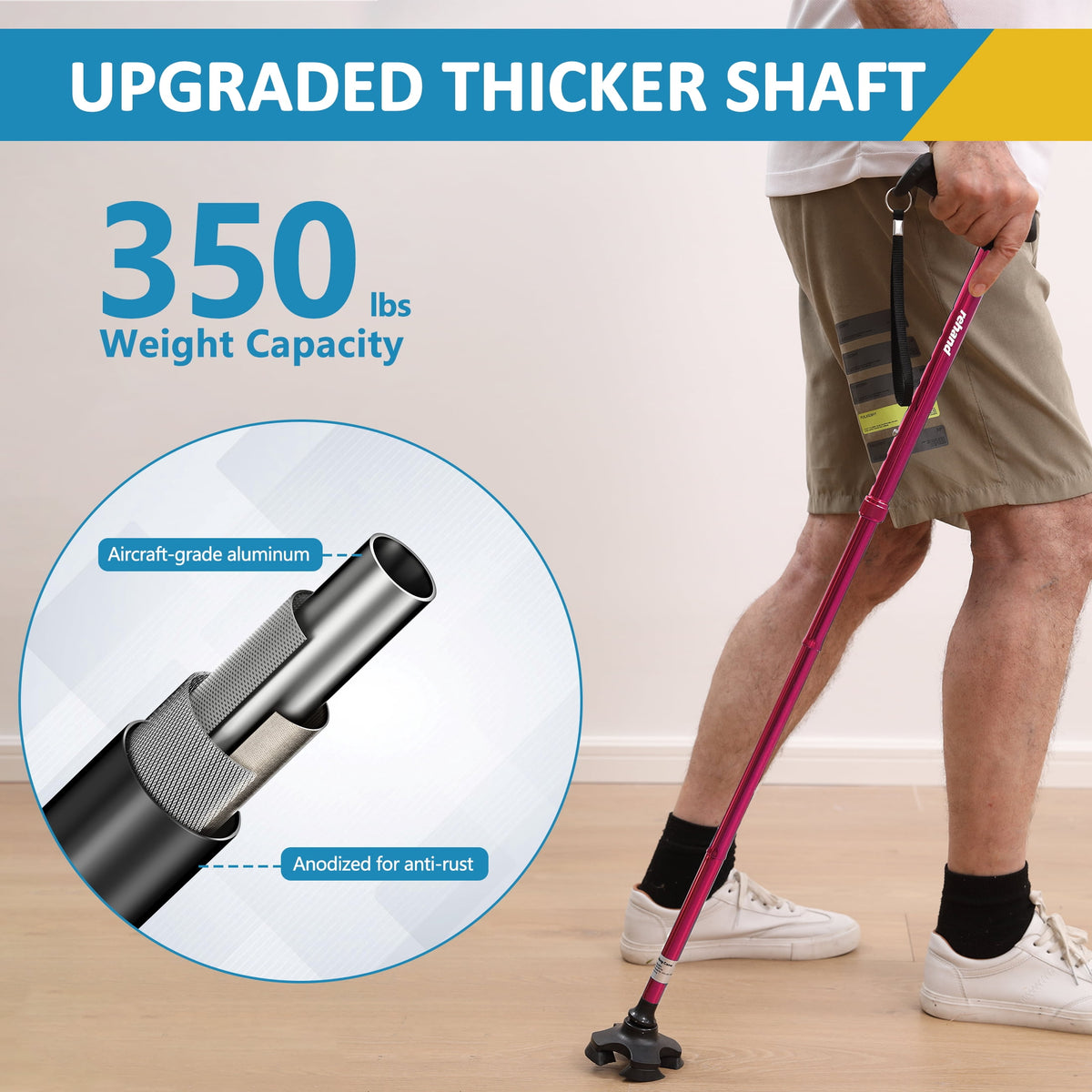 Rehand Adjustable Folding Walking Cane with Pivoting Tip, Lightweight Aluminum, Soft Handle Grip, Red