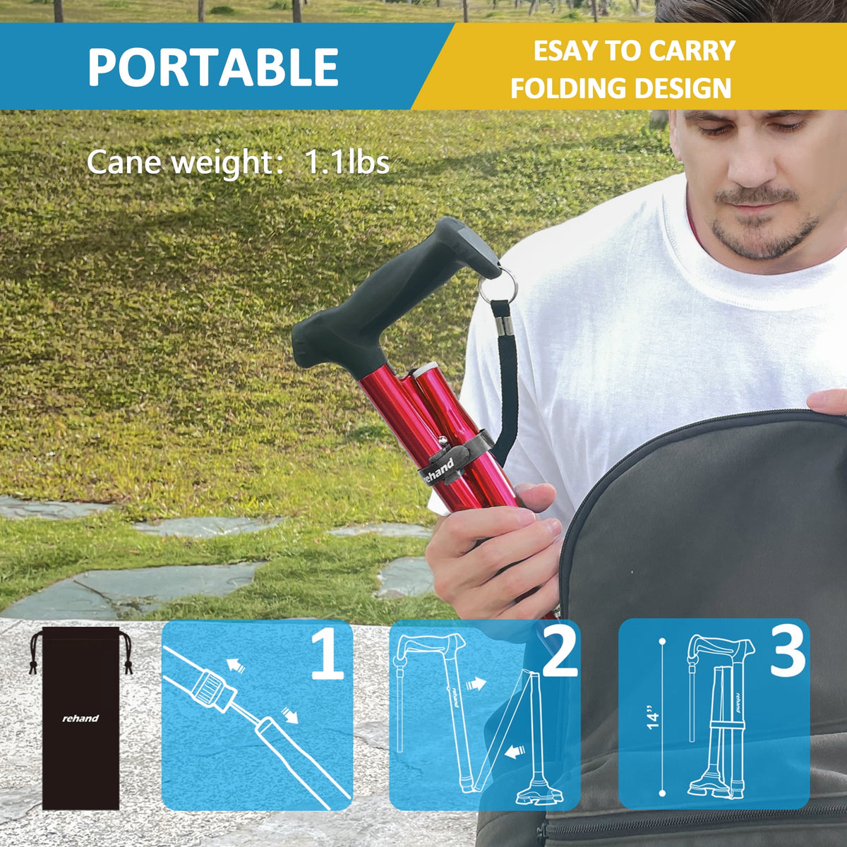 Rehand Adjustable Folding Walking Cane with Pivoting Tip, Lightweight Aluminum, Soft Handle Grip, Red