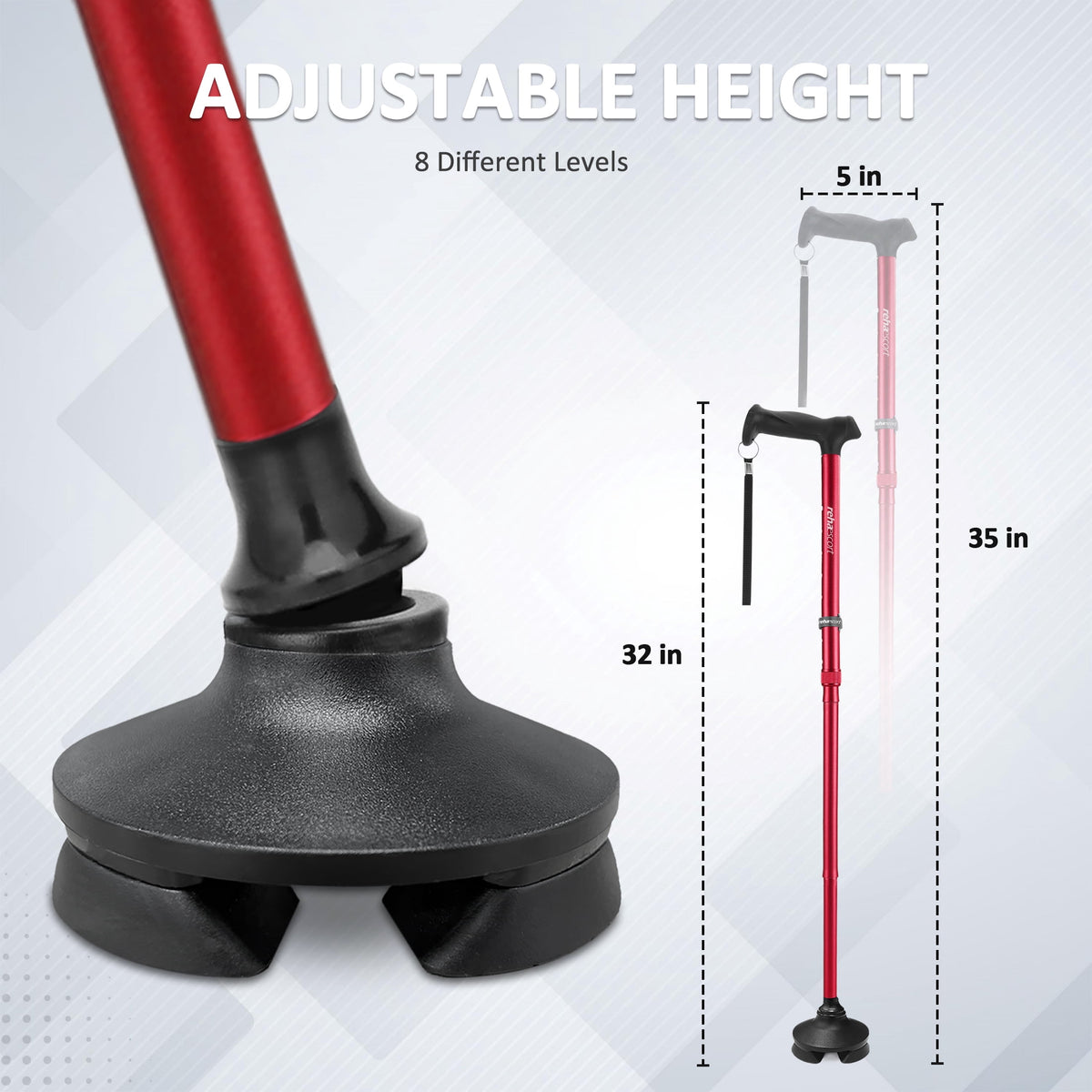 Rehaescort Adjustable Folding Walking Cane,Lightweight Heavy Duty Sticks Pivot Tip for Men and Women,Red