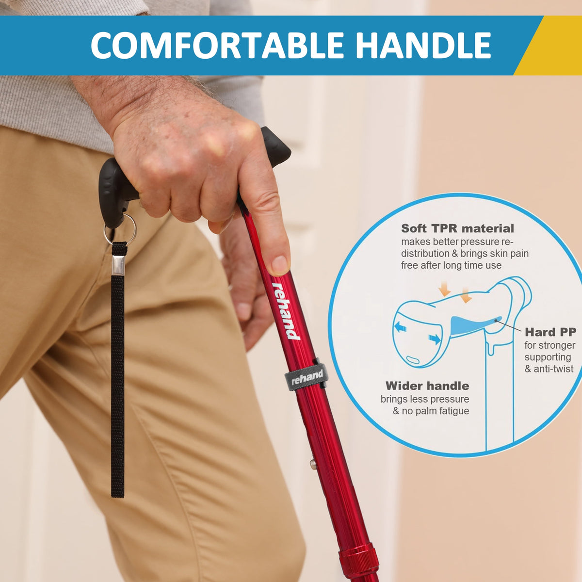 Rehand Adjustable Folding Walking Cane with Pivoting Tip, Lightweight Aluminum, Soft Handle Grip, Red