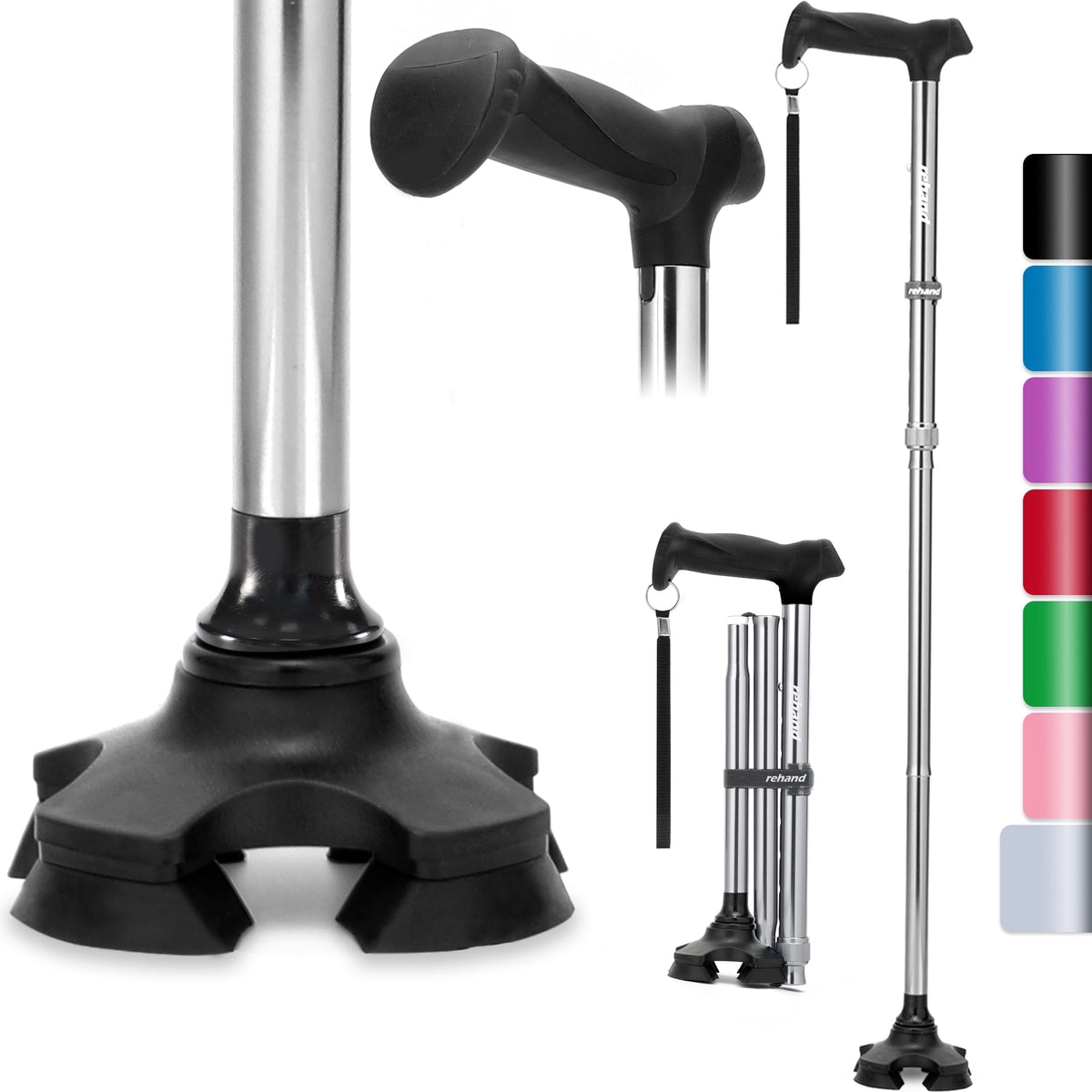 Rehand Adjustable Walking Cane, Lightweight Folding Stick for Seniors and Adults, Collapsible, Heavy Duty, Silver