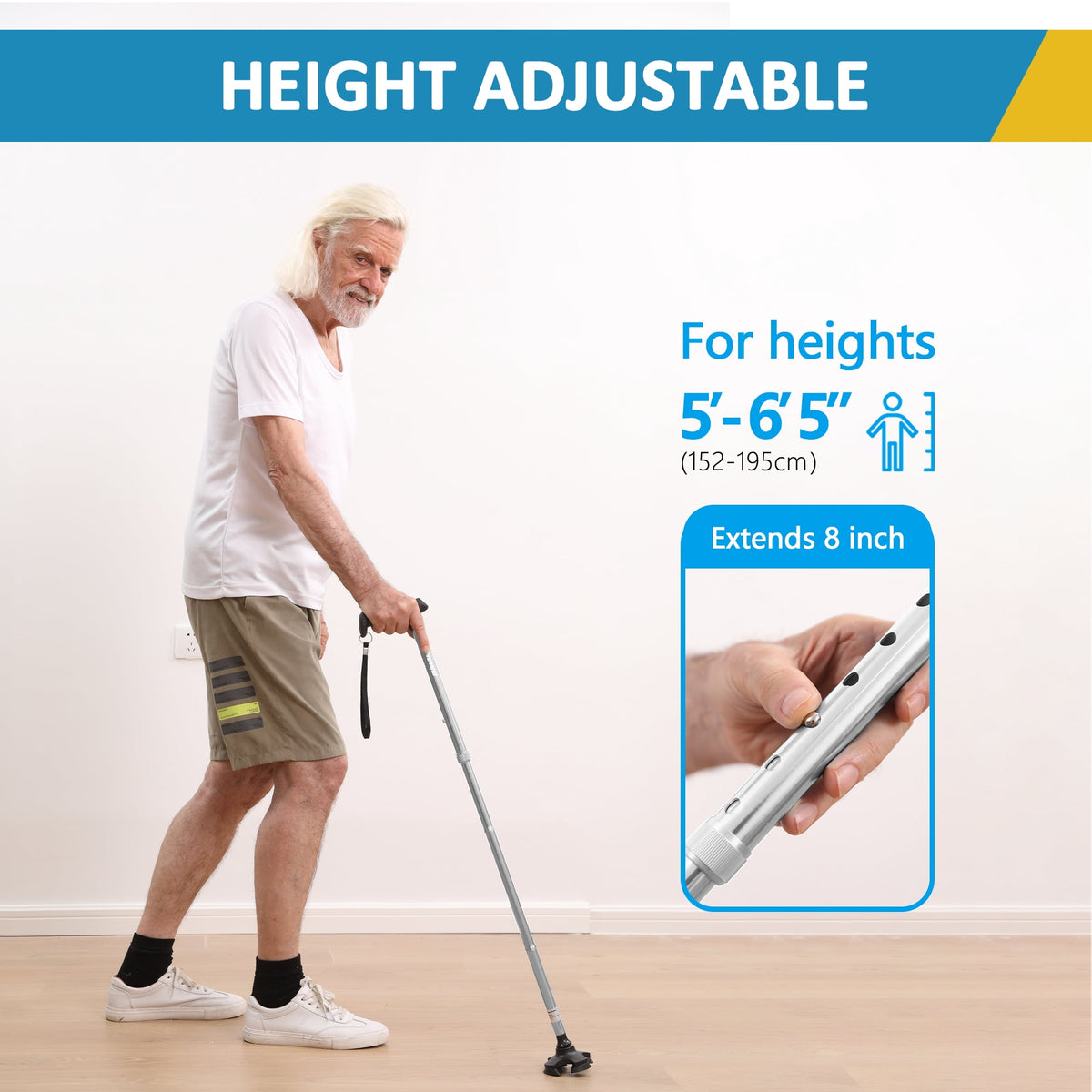 Rehand Adjustable Walking Cane, Lightweight Folding Stick for Seniors and Adults, Collapsible, Heavy Duty, Silver