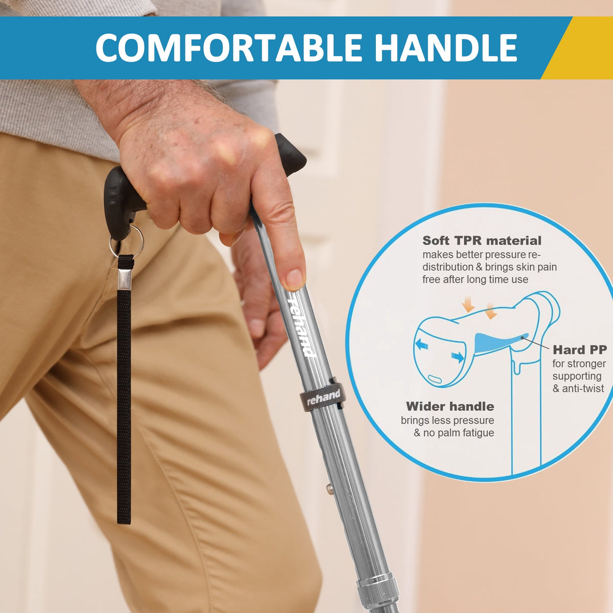 Rehand Adjustable Walking Cane, Lightweight Folding Stick for Seniors and Adults, Collapsible, Heavy Duty, Silver