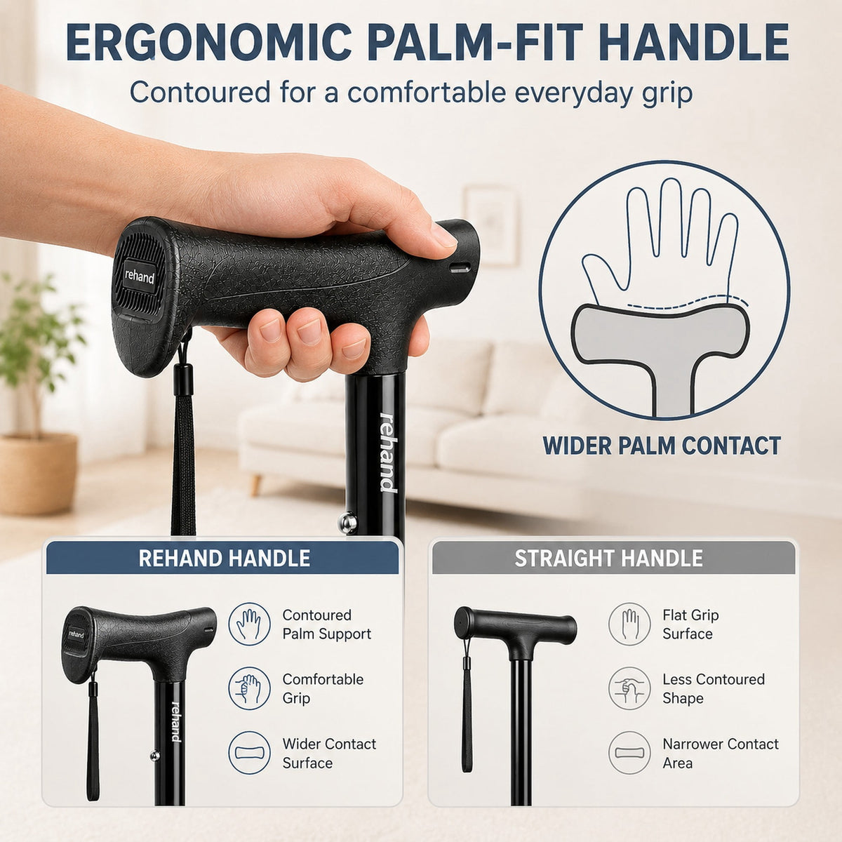 REHAND Adjustable Folding Walking Cane, Lightweight Collapsible Cane with Ergonomic Handle & Anti-Slip Foot for Seniors and Adults, Black