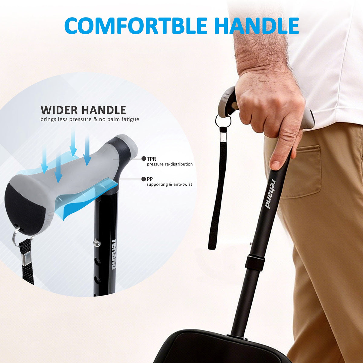Rehand Walking Cane with Seat, Folding Adjustable Lightweight,Black
