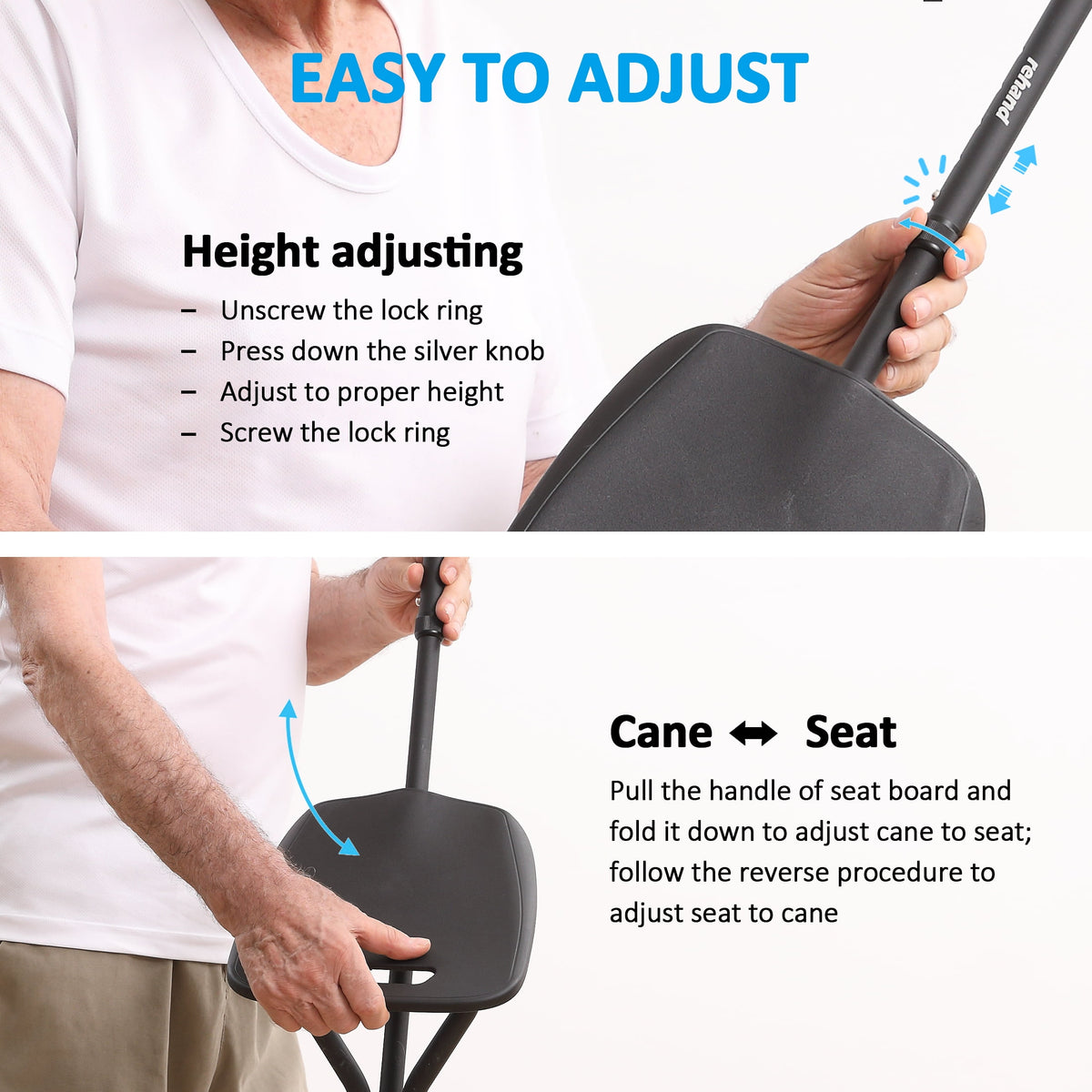 Rehand Walking Cane with Seat, Folding Adjustable Lightweight,Black