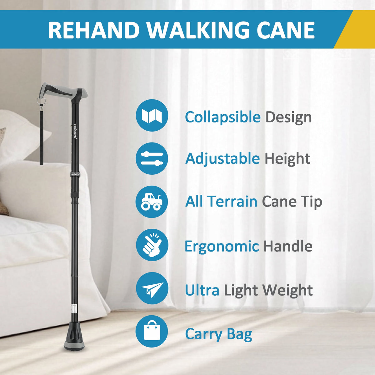 REHAND Adjustable Foldable Walking Cane for Seniors - Lightweight Heavy Duty Canes with Non-Slip Grip, Collapsible Design (Black)