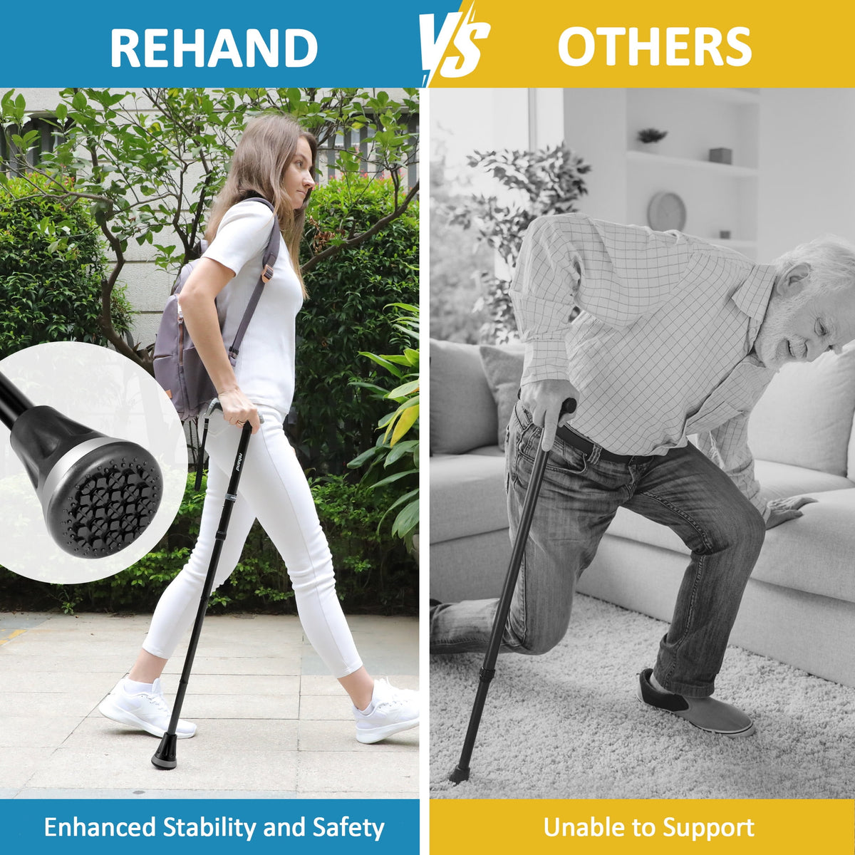 REHAND Adjustable Foldable Walking Cane for Seniors - Lightweight Heavy Duty Canes with Non-Slip Grip, Collapsible Design (Black)