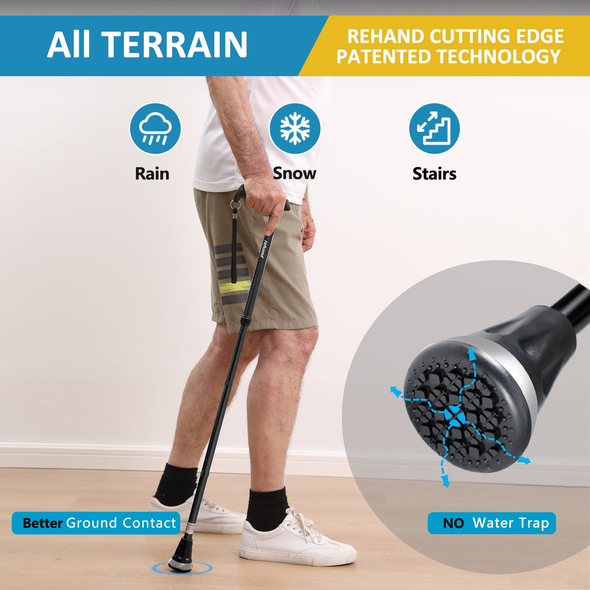 REHAND Adjustable Foldable Walking Cane for Seniors - Lightweight Heavy Duty Canes with Non-Slip Grip, Collapsible Design (Black)