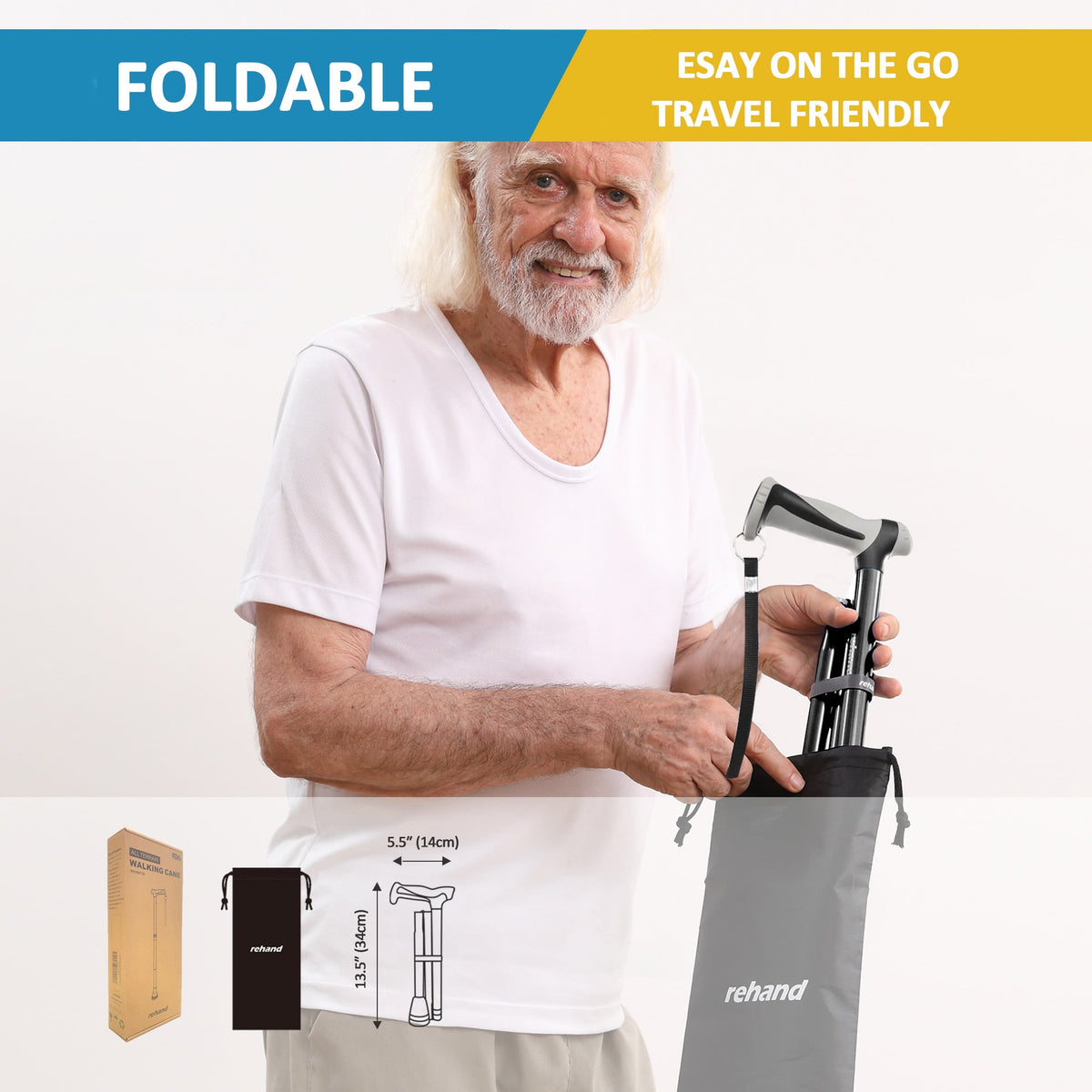 REHAND Adjustable Foldable Walking Cane for Seniors - Lightweight Heavy Duty Canes with Non-Slip Grip, Collapsible Design (Black)