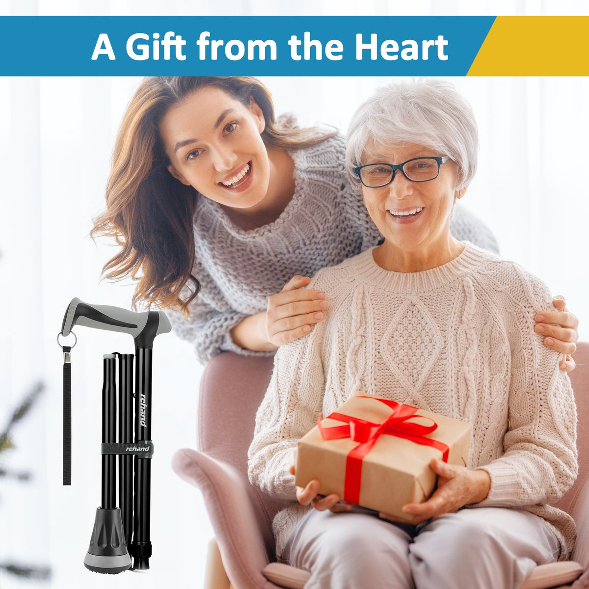 REHAND Adjustable Foldable Walking Cane for Seniors - Lightweight Heavy Duty Canes with Non-Slip Grip, Collapsible Design (Black)