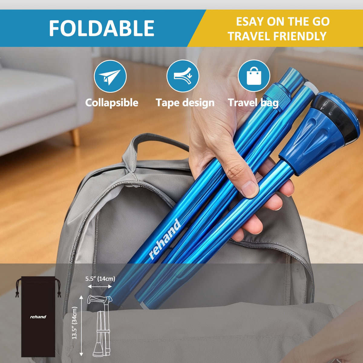Rehand Foldable Adjustable Folding Cane for Women, Men, and Seniors, Blue