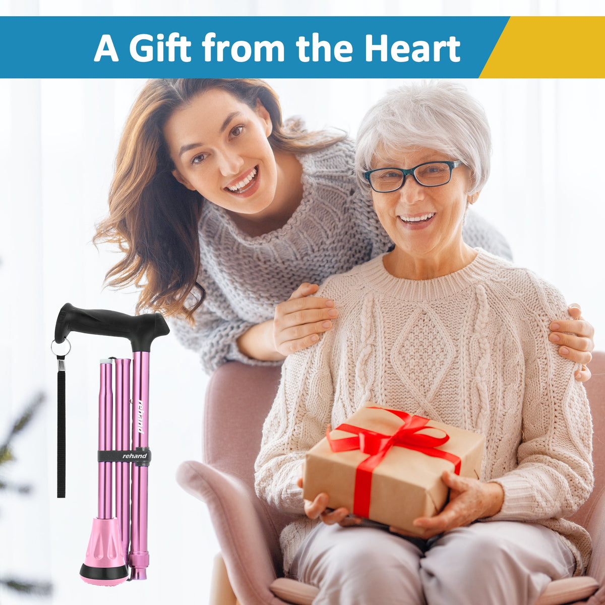 REHAND Foldable Walking Canes,Adjustable Height | Lightweight & Durable | Heavy Duty Walking Cane for Seniors Women & Men,Pink