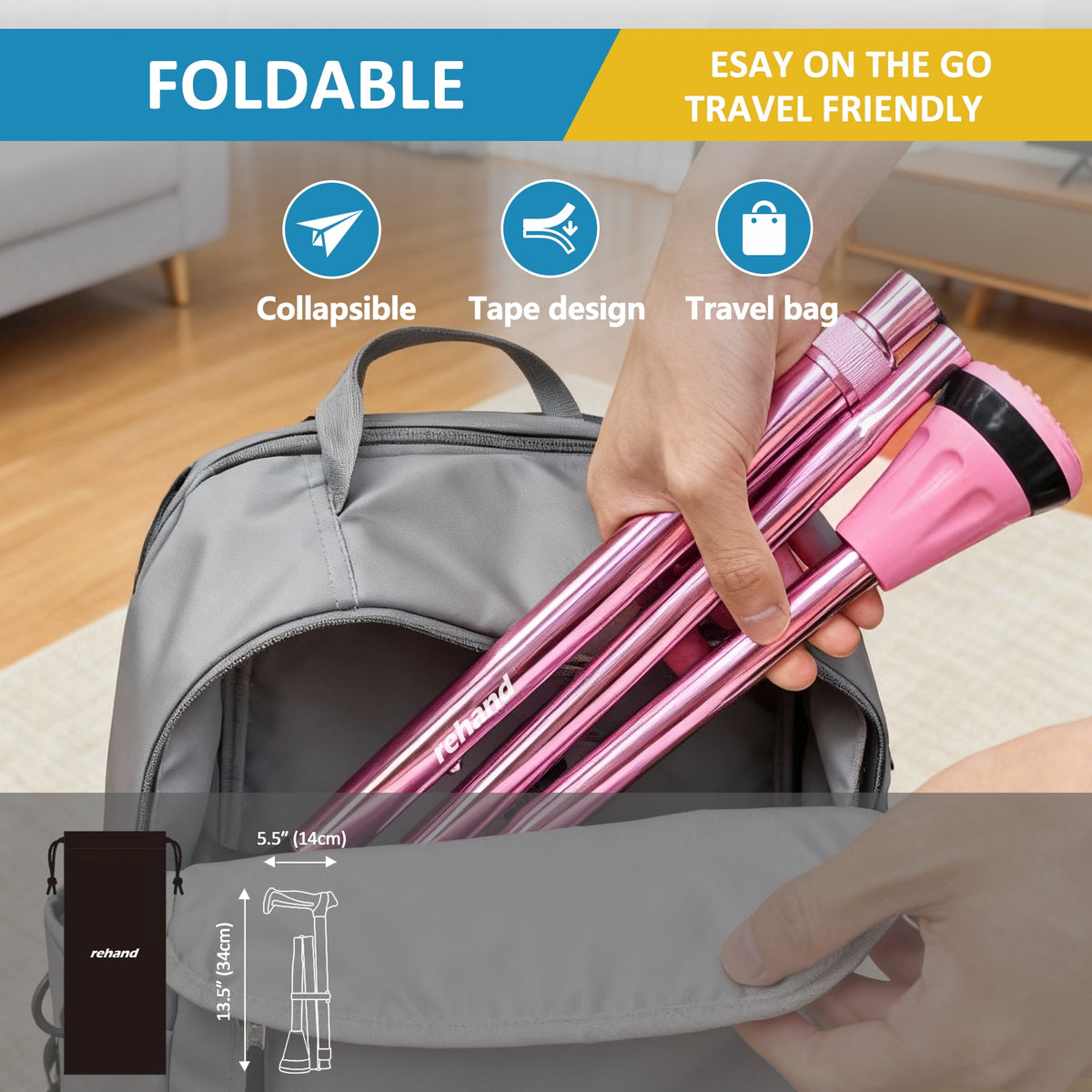 REHAND Foldable Walking Canes,Adjustable Height | Lightweight & Durable | Heavy Duty Walking Cane for Seniors Women & Men,Pink