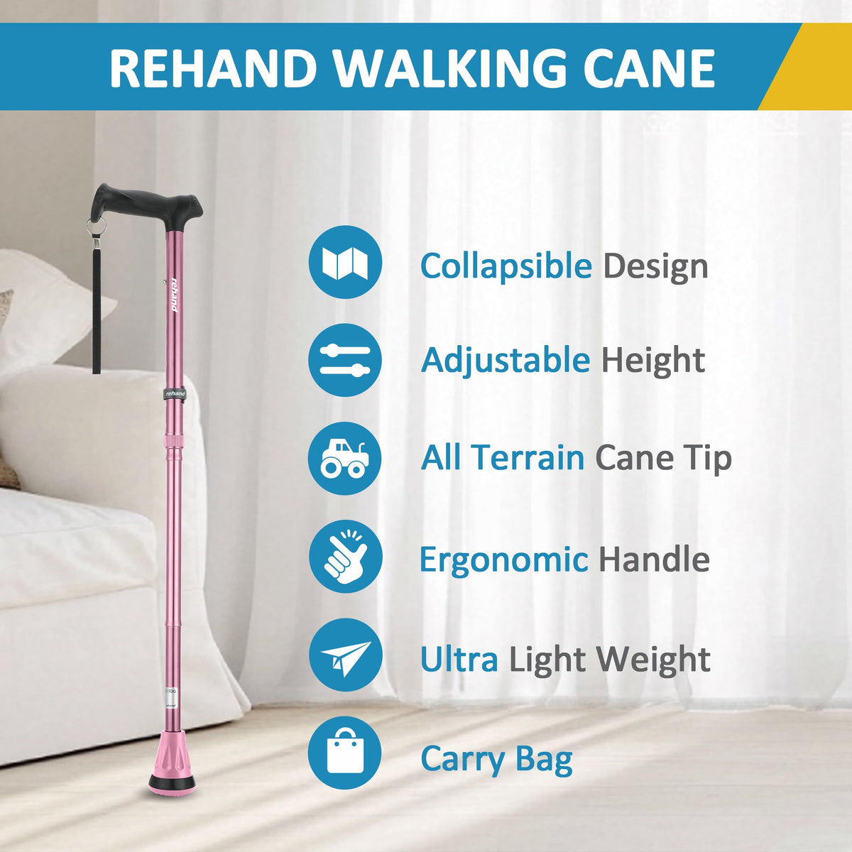 REHAND Foldable Walking Canes,Adjustable Height | Lightweight & Durable | Heavy Duty Walking Cane for Seniors Women & Men,Pink