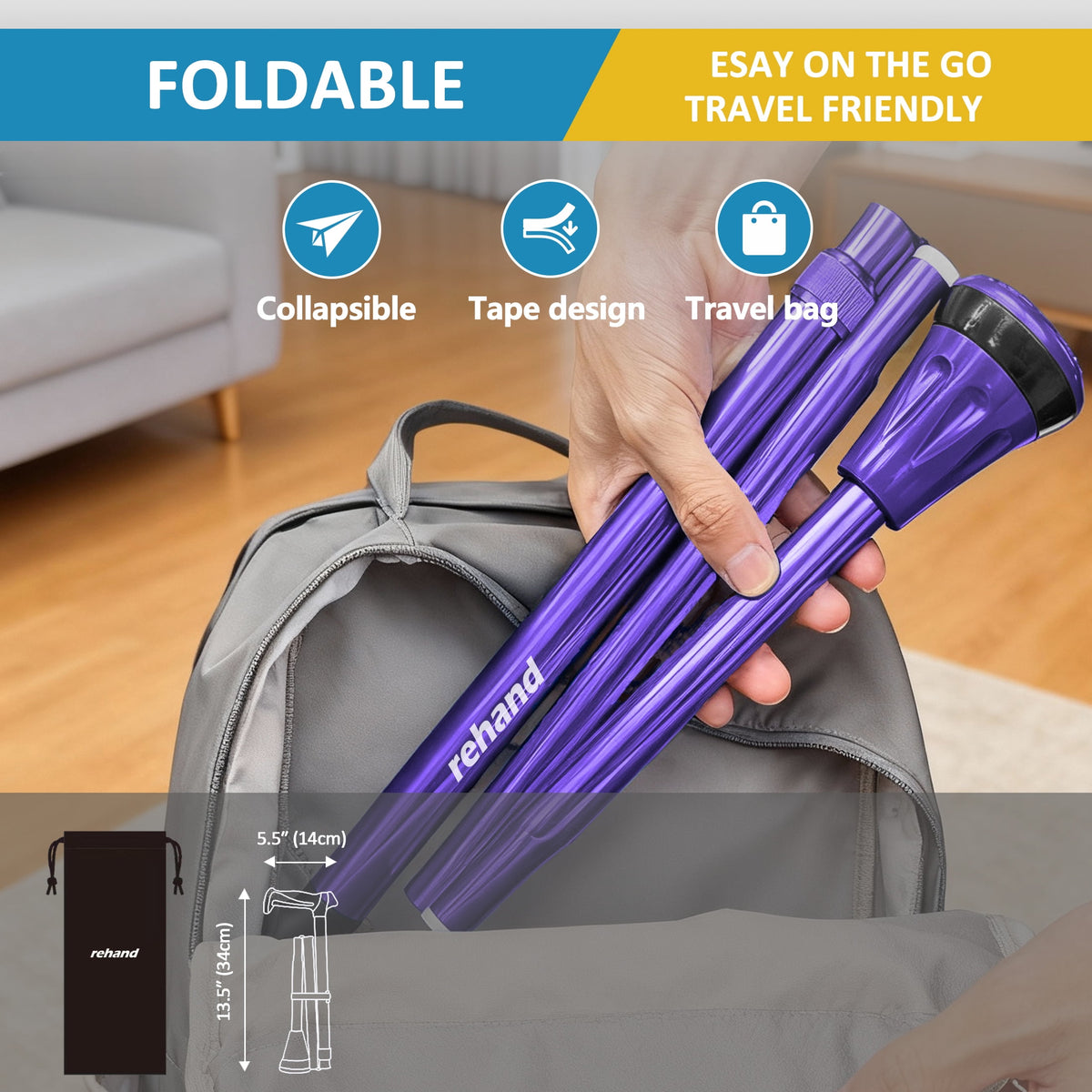 REHAND Walking Canes for Women & Men,Foldable Adjustable Collapsible Walking Stick for Seniors,Pivoting,Purple