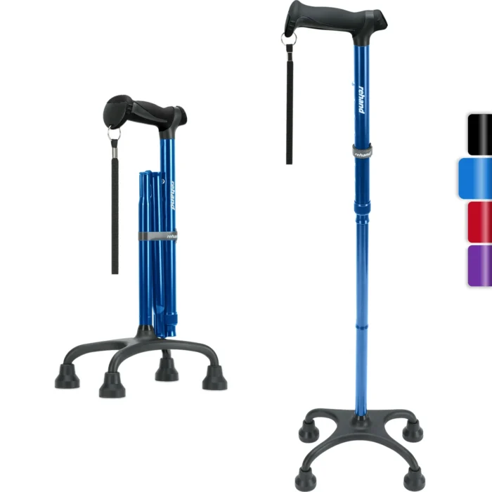 REHAND Adjustable Foldable Quad Cane,Lightweight Walking Cane for Men & Women with 4-Pronged Base for Extra Balance & Stability,Blue - Image 1